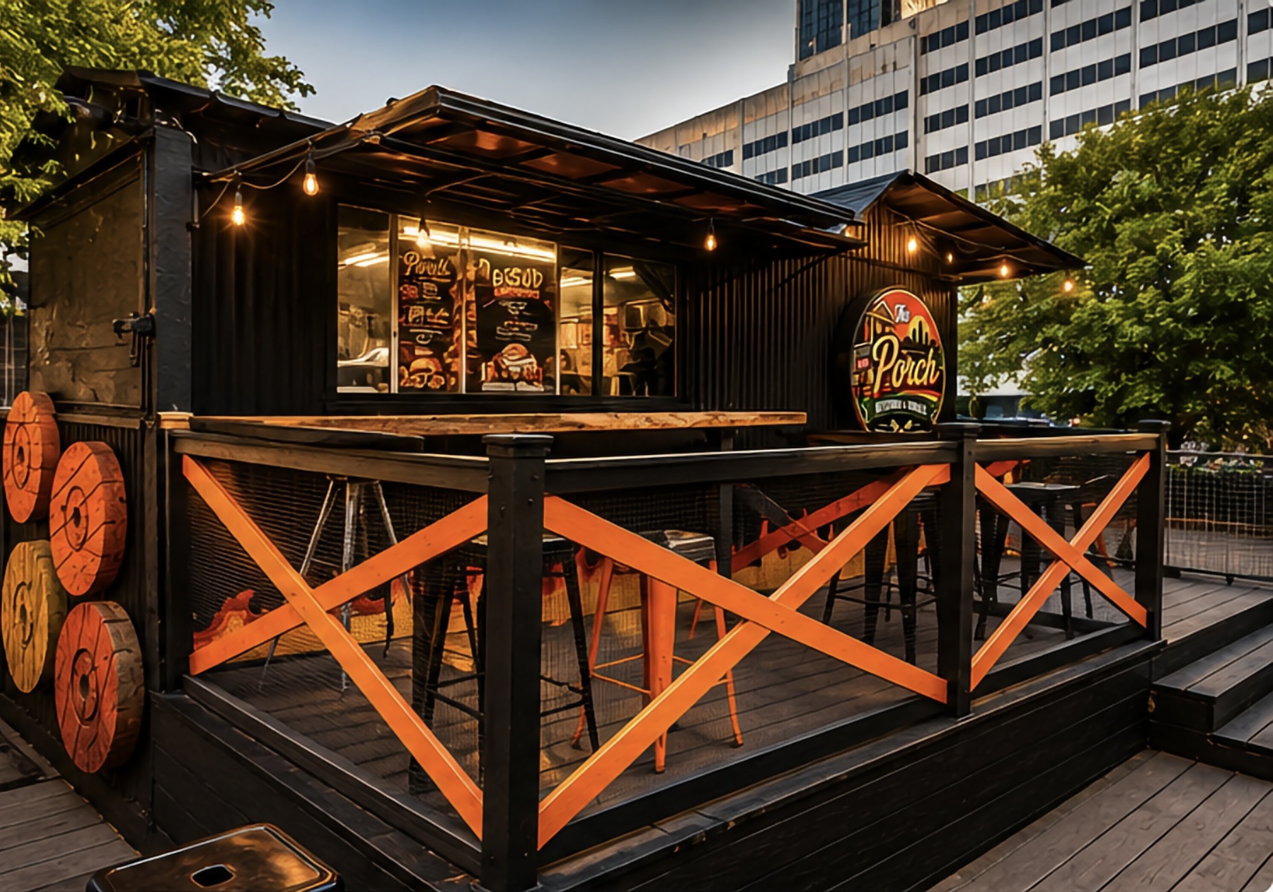The Porch container patio with flame decor and string lights
